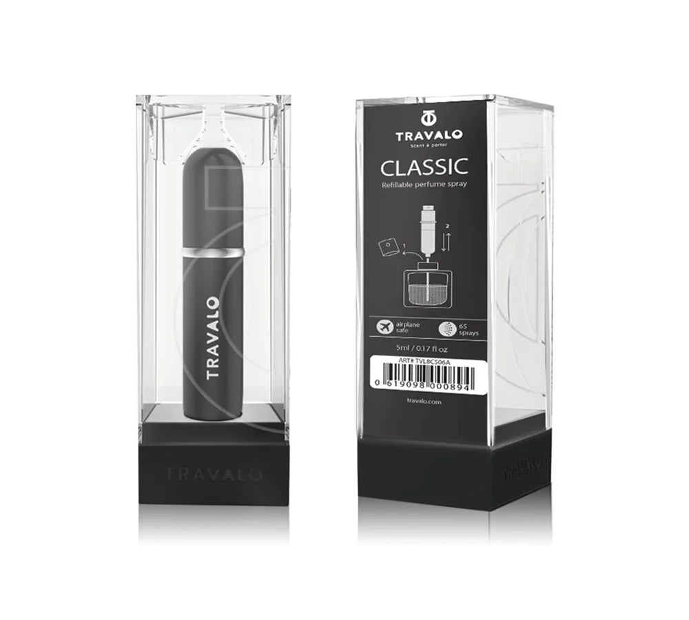 Travalo Classic HD Refillable Perfume Atomizer 5ml Black: Black refillable perfume atomizer in a sleek cylindrical design.