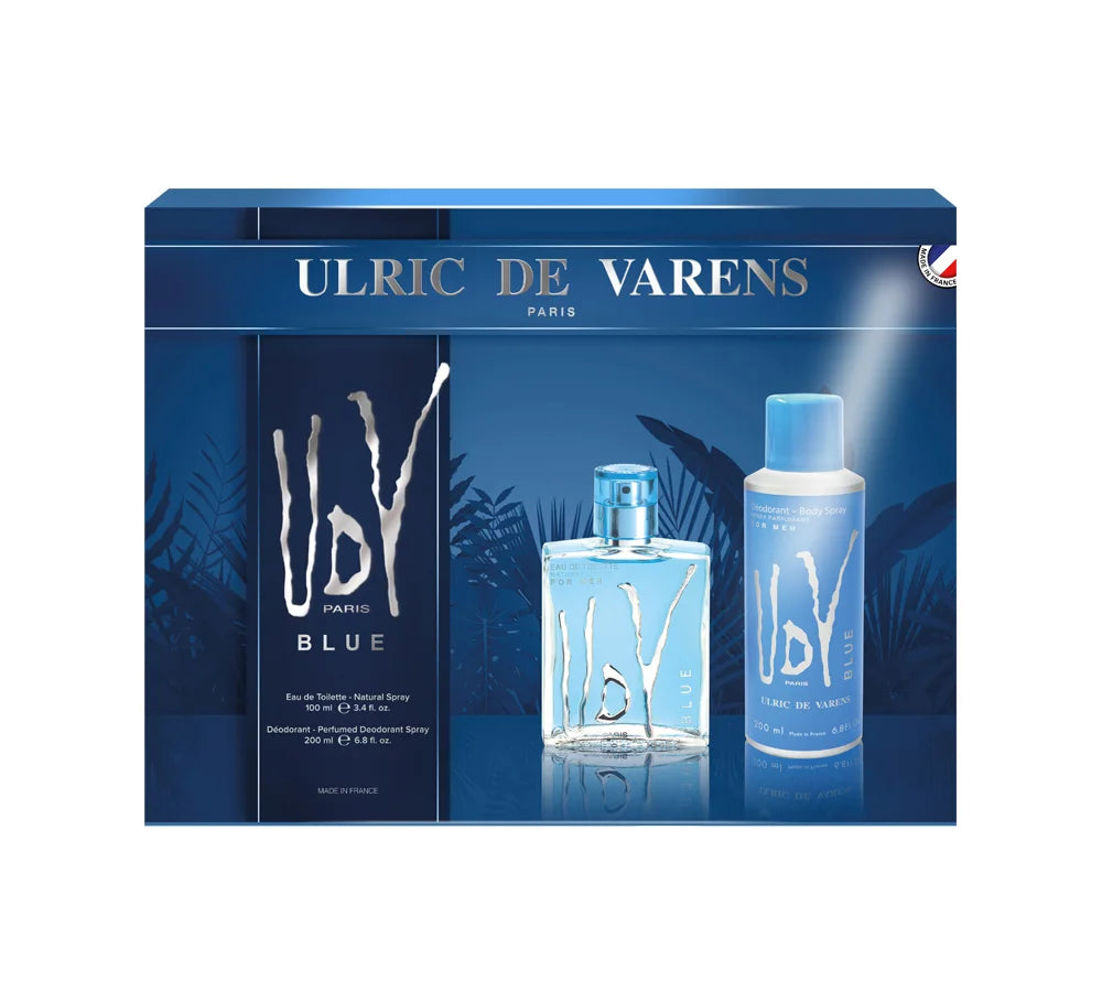 A refreshing UDV Blue Coffret gift set for men, showcasing a crisp and aquatic design with coordinating products.