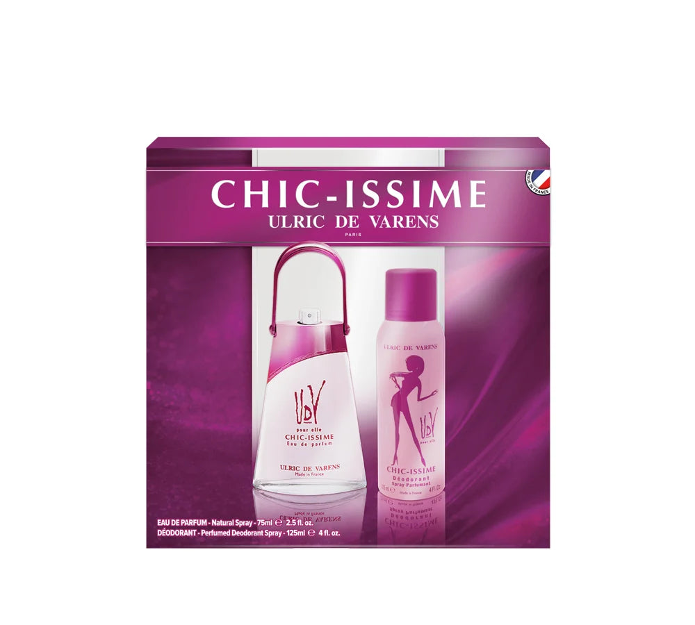 An elegant UDV Chic-Issime Coffret gift set for women, featuring sophisticated packaging and high-quality fragrance and care items.