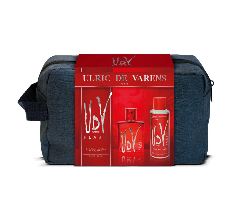 A practical and stylish UDV Flash Bag gift set for men, featuring a modern fragrance and essential grooming items in a convenient bag.
