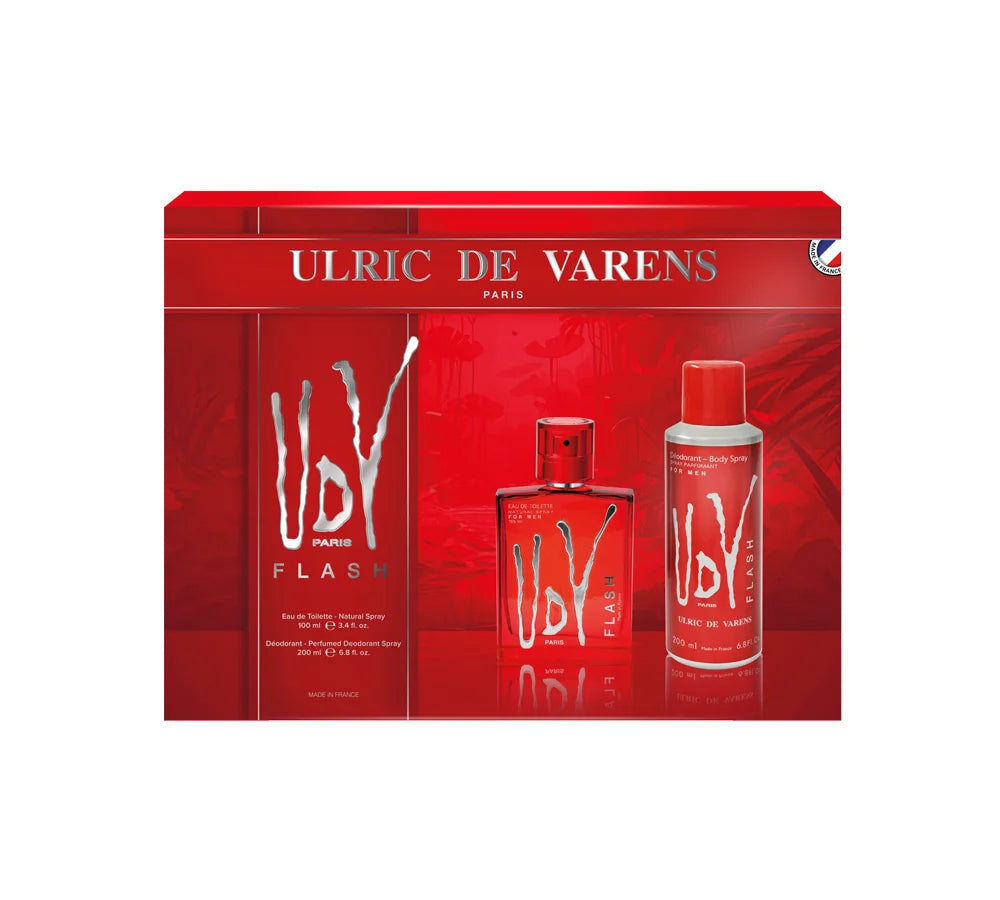 A bold and energetic UDV Flash Coffret gift set for men, including a vibrant fragrance and grooming essentials in stylish packaging.