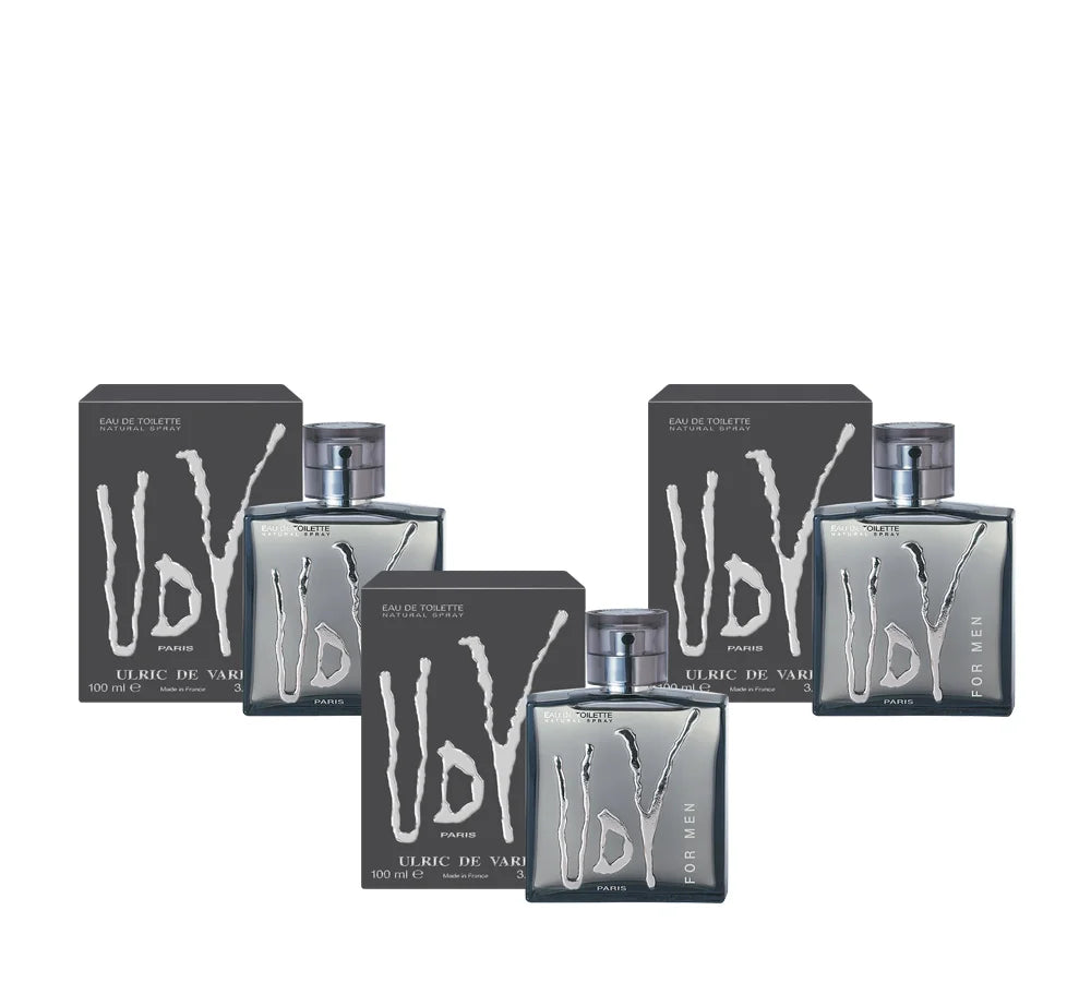 Pack of 3 UDV For Men Eau De Toilette 100ml with bold, masculine bottle design.