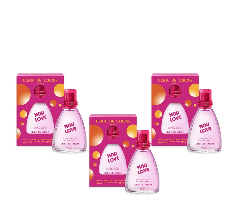 Set of 3 UDV Mini Love Eau de Parfum 25ml bottles in compact, pink-accented design.