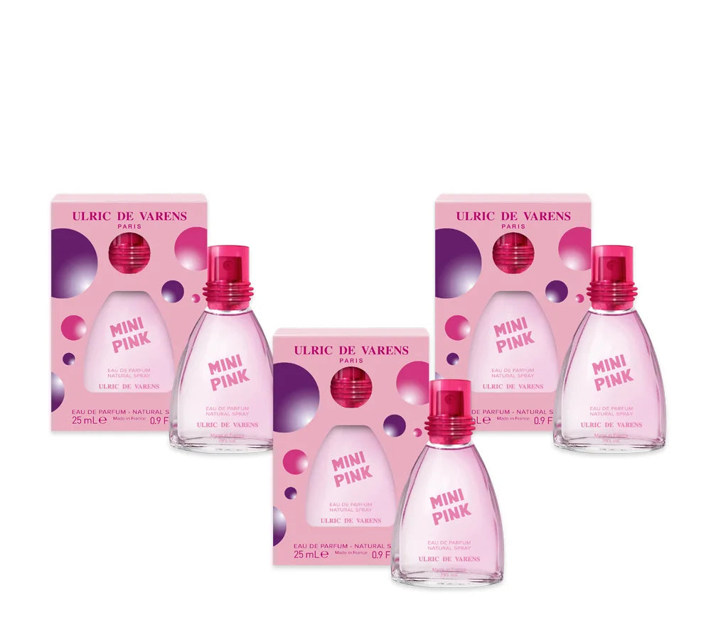 Three 25ml bottles of UDV Mini Pink Eau de Parfum with playful, pink-themed design.
