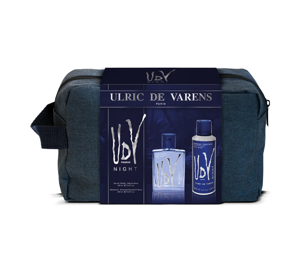 A sleek and portable UDV Night Bag gift set for men, complete with a darkly sophisticated fragrance and travel-ready grooming products.