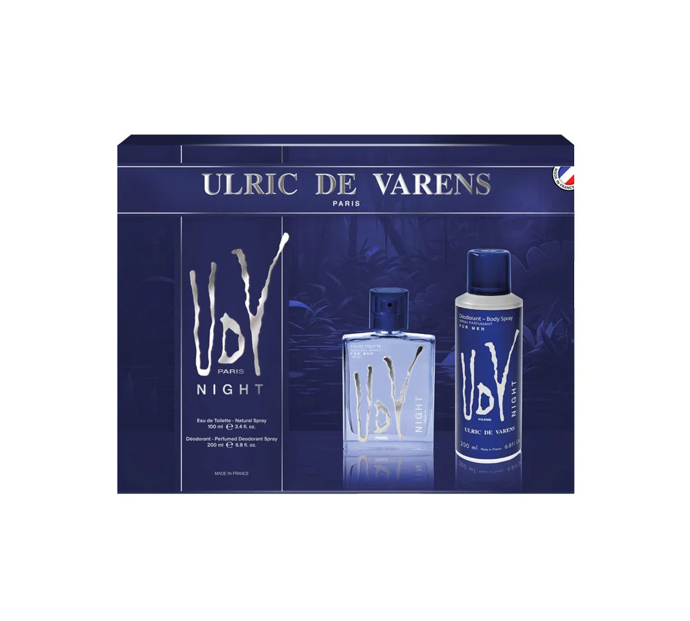 A sleek UDV Night Coffret gift set for men, with a dark, mysterious theme and a sophisticated selection of products.