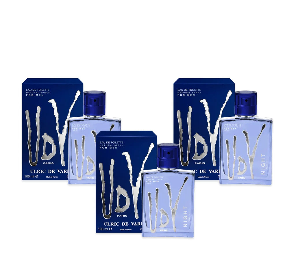 Three bottles of UDV Night EDT for Men 100ml with sleek dark packaging.