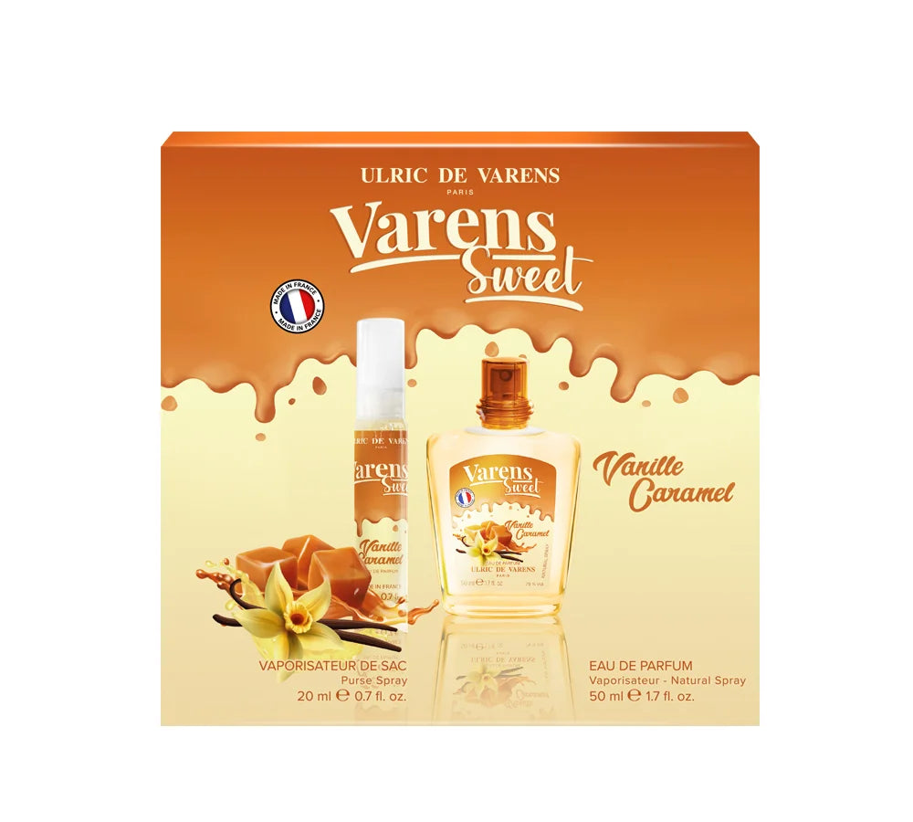 A luxurious gift set featuring UDV Varens Sweet Vanille Caramel fragrance for women, paired with complementing body care products in a chic box.