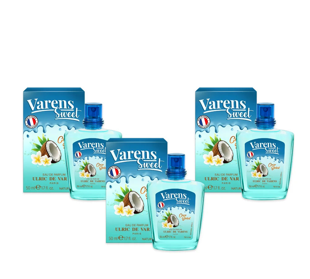 UDV Varens Sweet Coco Soleil Eau de Parfum 50ml Pack of 3 with tropical coconut-themed bottles.