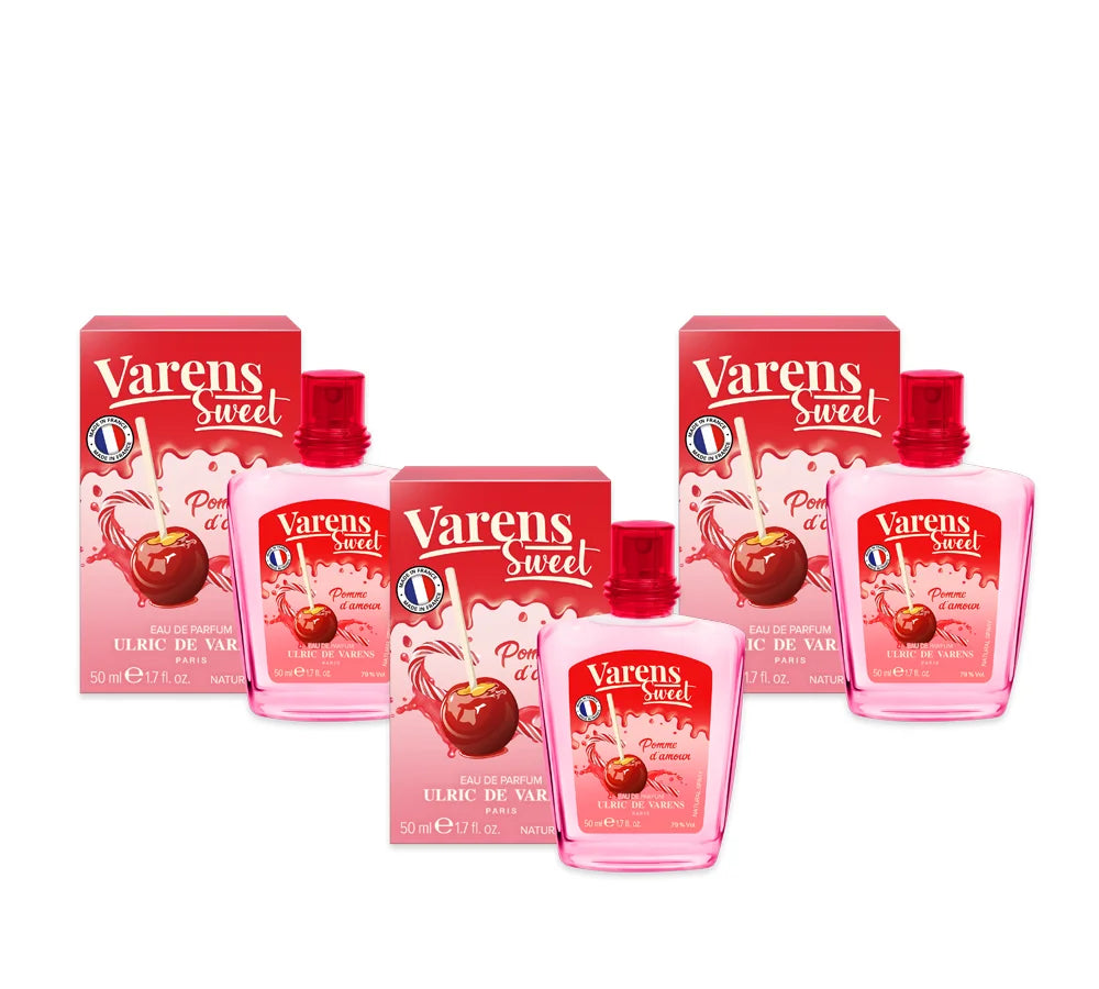 Pack of 3 UDV Varens Sweet Pomme D'amour Eau de Parfum 50ml featuring red-themed apple-inspired design.