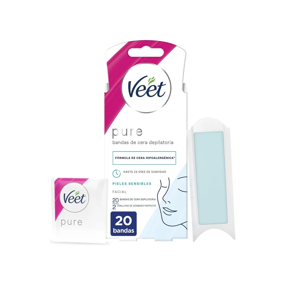 Veet Pure Cold Wax Strips for Facial Hair Removal Suitable for Upper Lips (Bigotte), 20 Strips