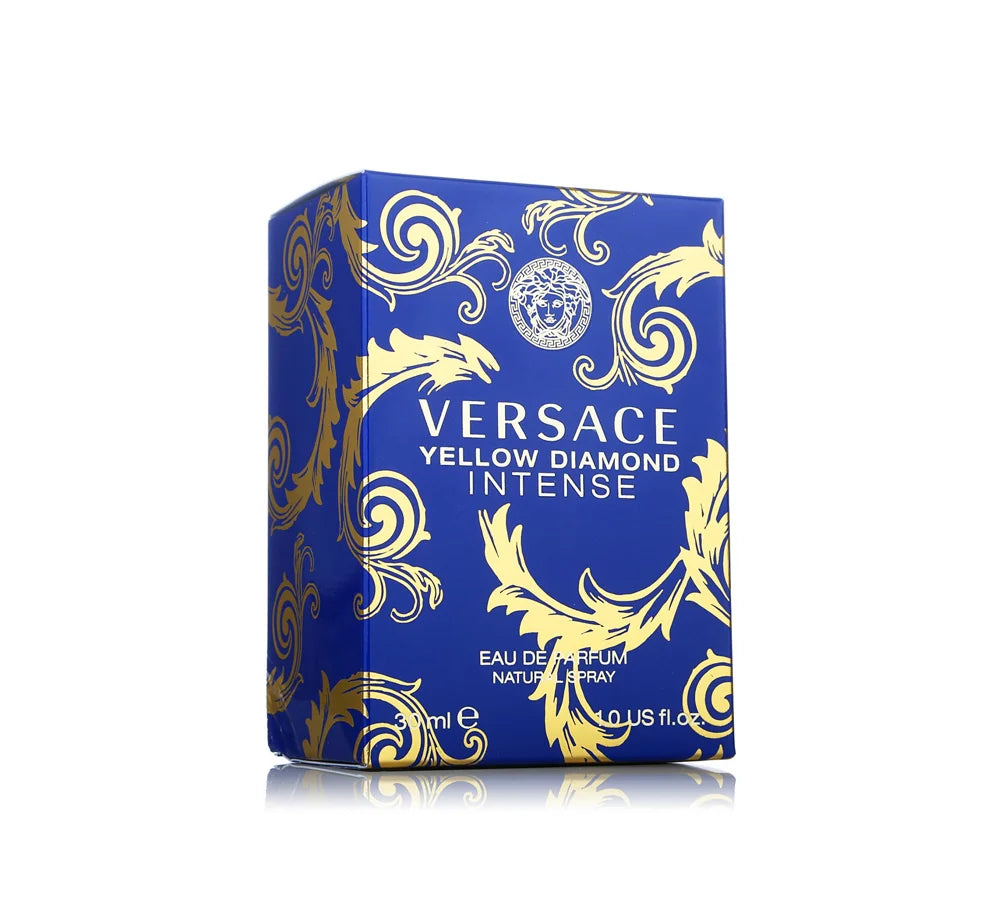 Versace Yellow Diamond Intense Eau De Parfum Vaporisateur 30ml: Small square bottle of Versace Yellow Diamond perfume with a yellow gemstone-style cap.