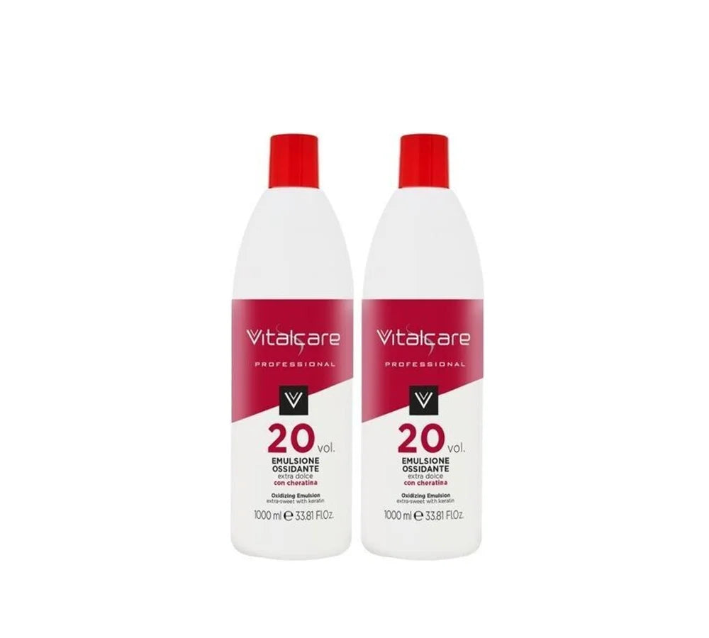 Two-pack of Vitalcare 20 Volume Oxidizing Emulsion, each 1000ml, ideal for professional hair color applications requiring gentle lift and tone.