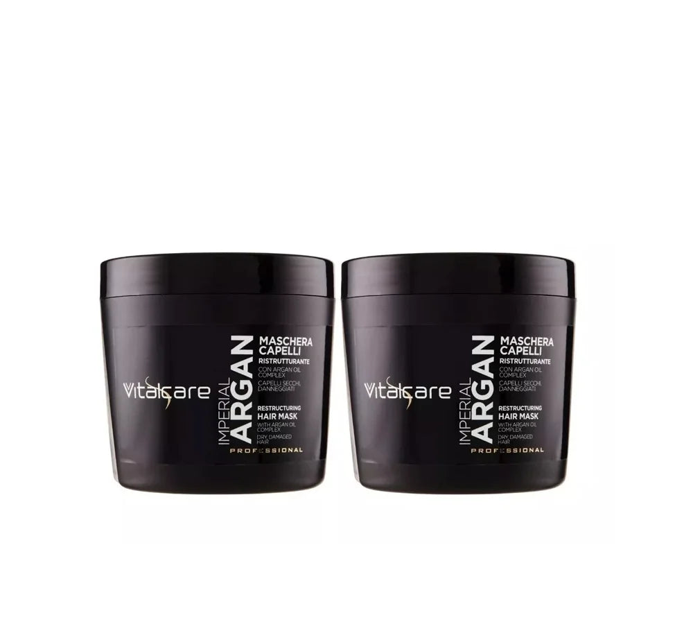 Two-pack of Vitalcare Imperial Argan Restructuring Hair Mask, each 500ml, formulated to repair and deeply hydrate dry and damaged hair.