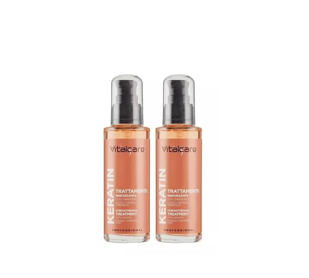 Two-pack of Vitalcare Keratin Liquid Crystals, each 100ml, offering a keratin-infused treatment that smooths and enhances shine in hair.