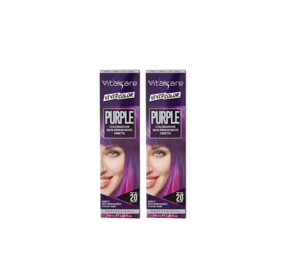 Vitalcare Vivid Semi-Permanent Hair Dye in Purple, 100ml pack of 2, for a vibrant purple shade.