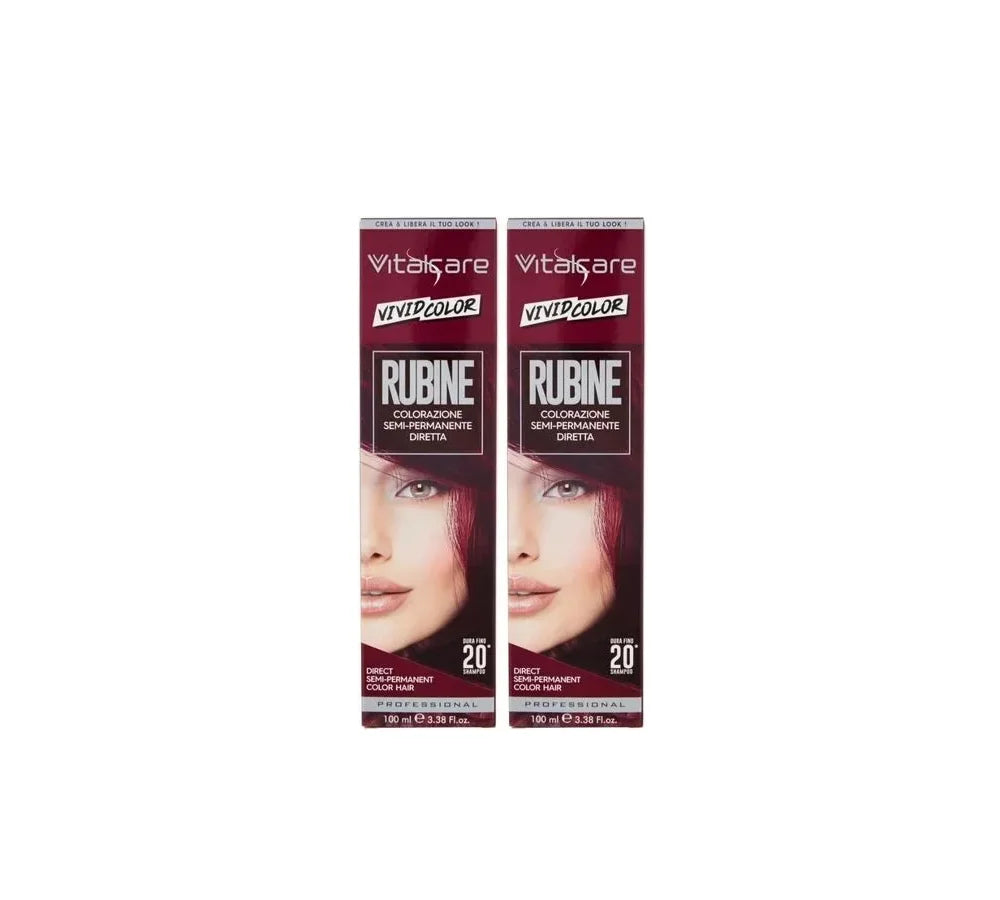 Vitalcare Vivid Semi-Permanent Hair Dye in Ruby, 100ml pack of 2, for a striking ruby red tone.