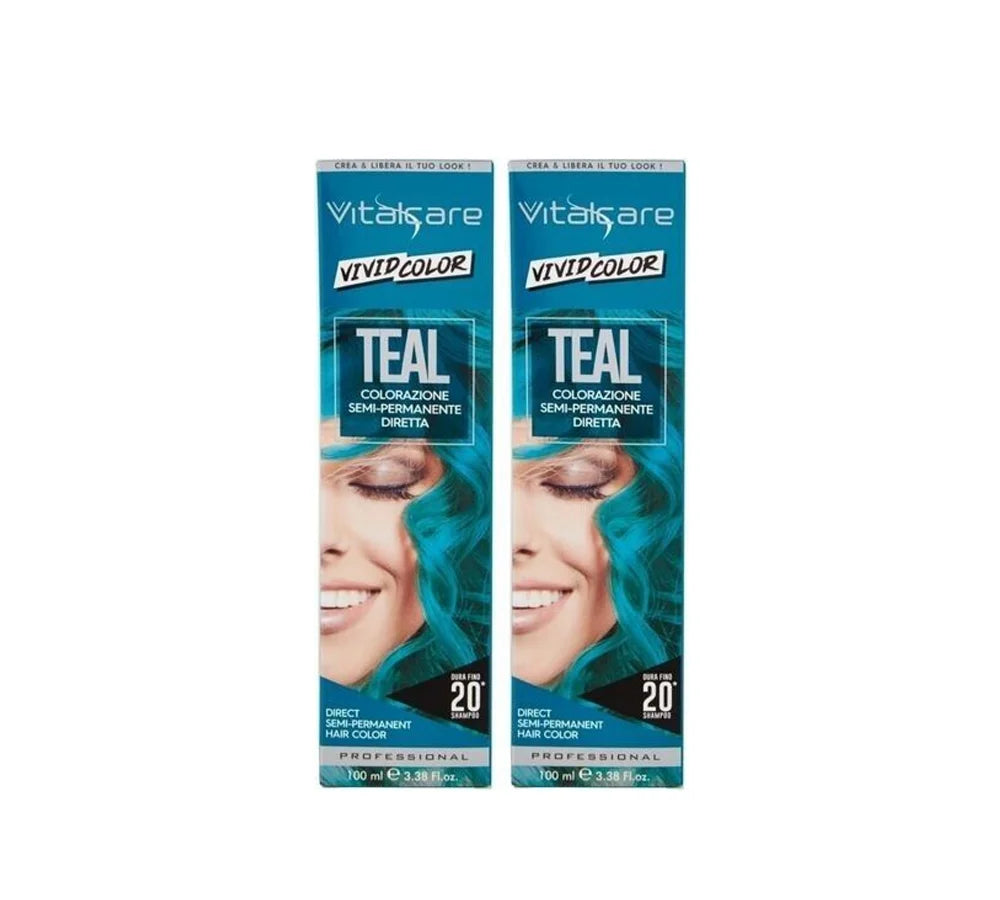 Vitalcare Vivid Semi-Permanent Hair Dye in Teal, 100ml pack of 2, for a bright teal color.