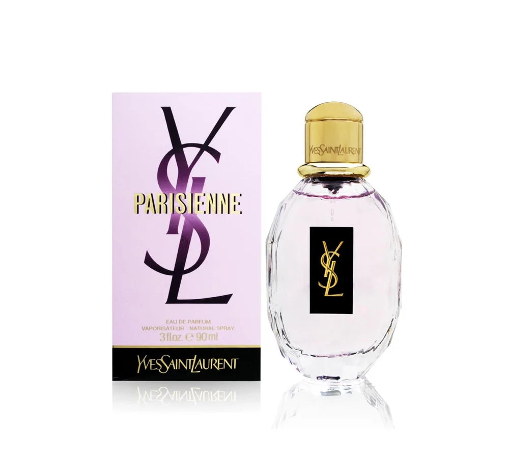 A 90ml bottle of YSL Parisienne Eau de Parfum, showcasing a faceted pink glass bottle with a black and gold cap.