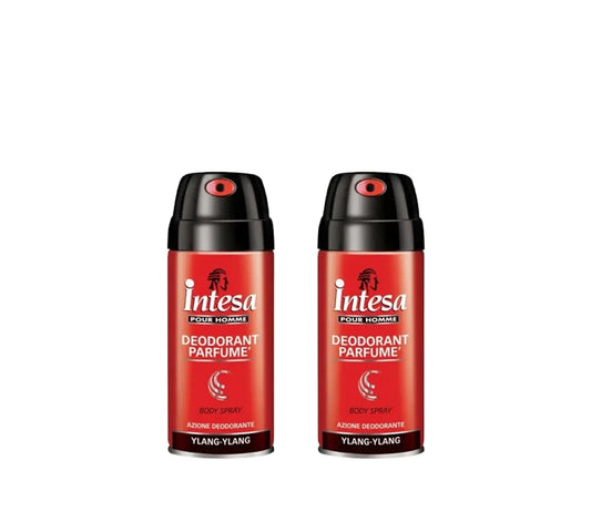 Two 150ml cans of Intesa Pour Homme Ylang-ylang deodorant body spray.