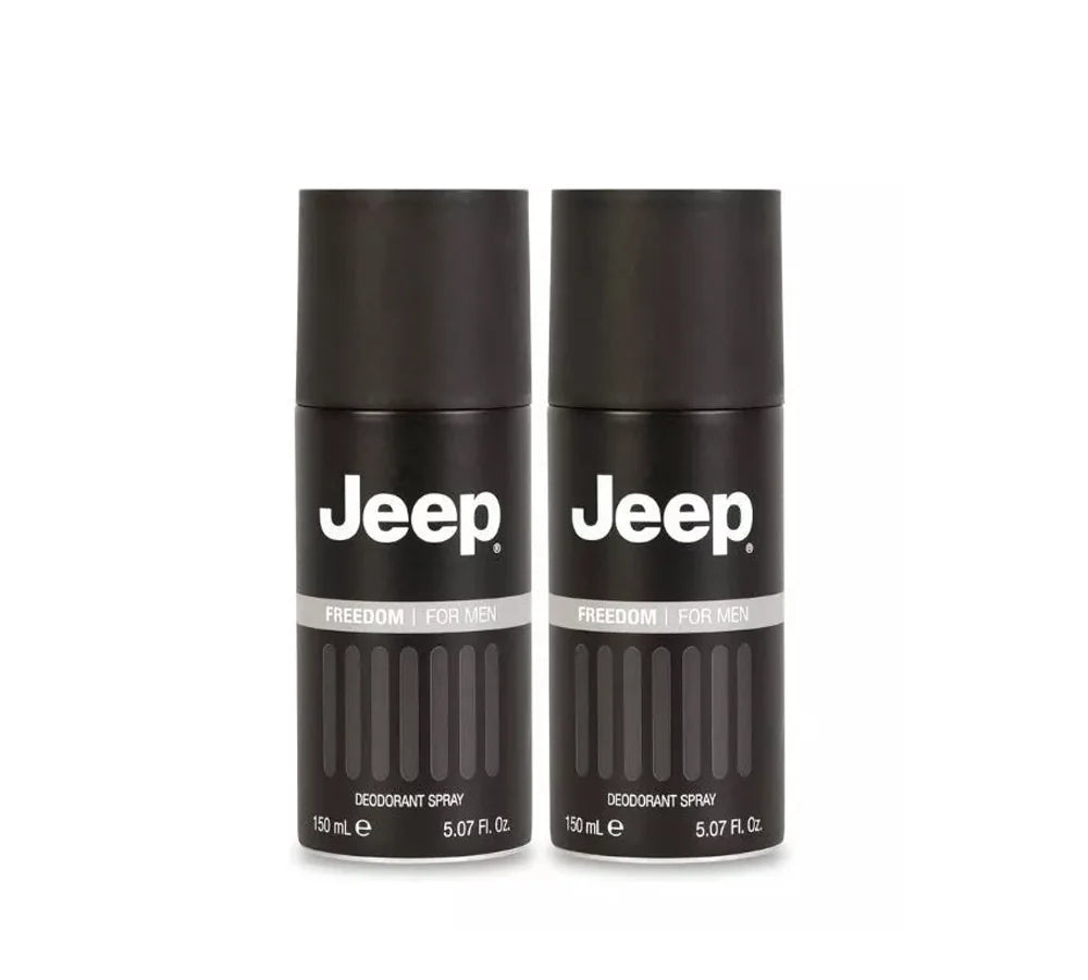 Two 150ml cans of Jeep Freedom deodorant spray.