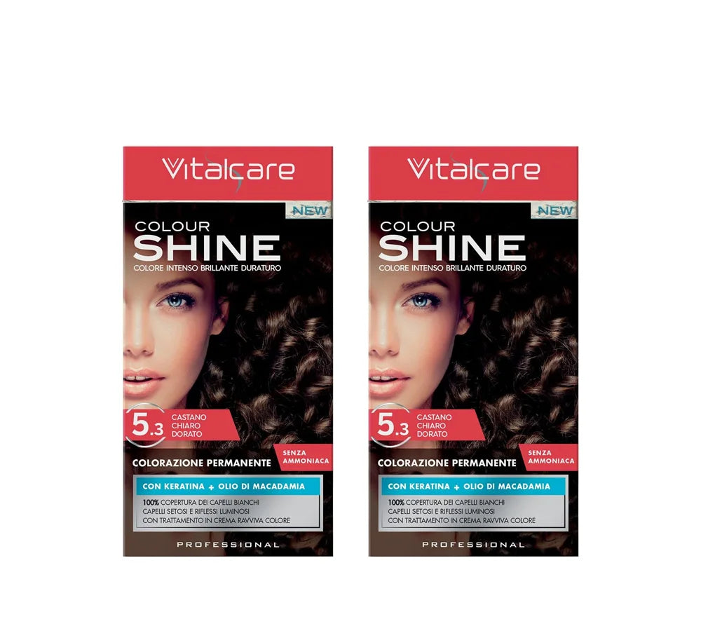 Two boxes of Vitalcare Colourshine permanent hair dye, shade 5.3 light golden brown.