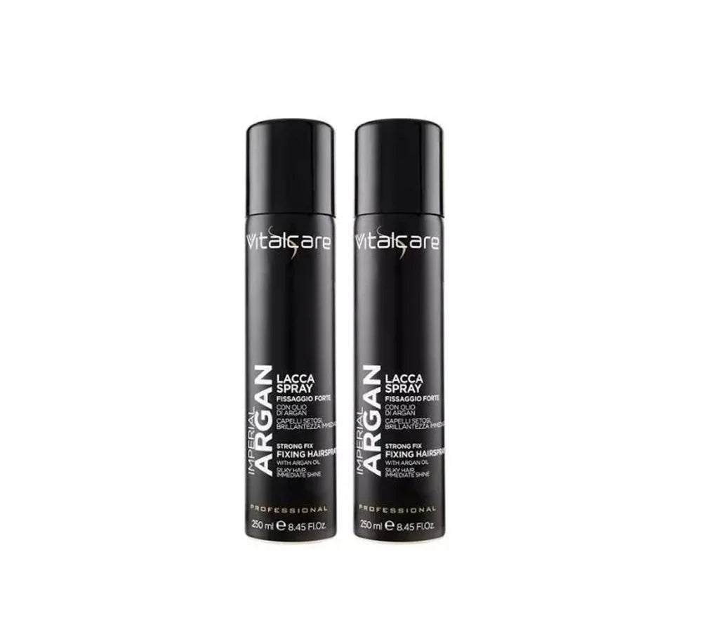 Two 250ml bottles of Vitalcare Imperial Argan hair spray.