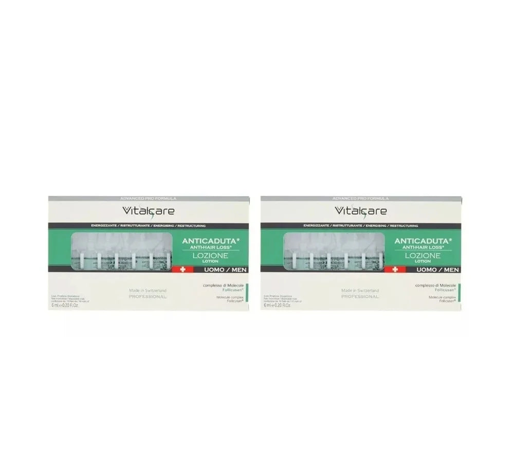 Two packs of 10 vials (6ml each) of Vitalcare Swiss men’s hair loss treatment.