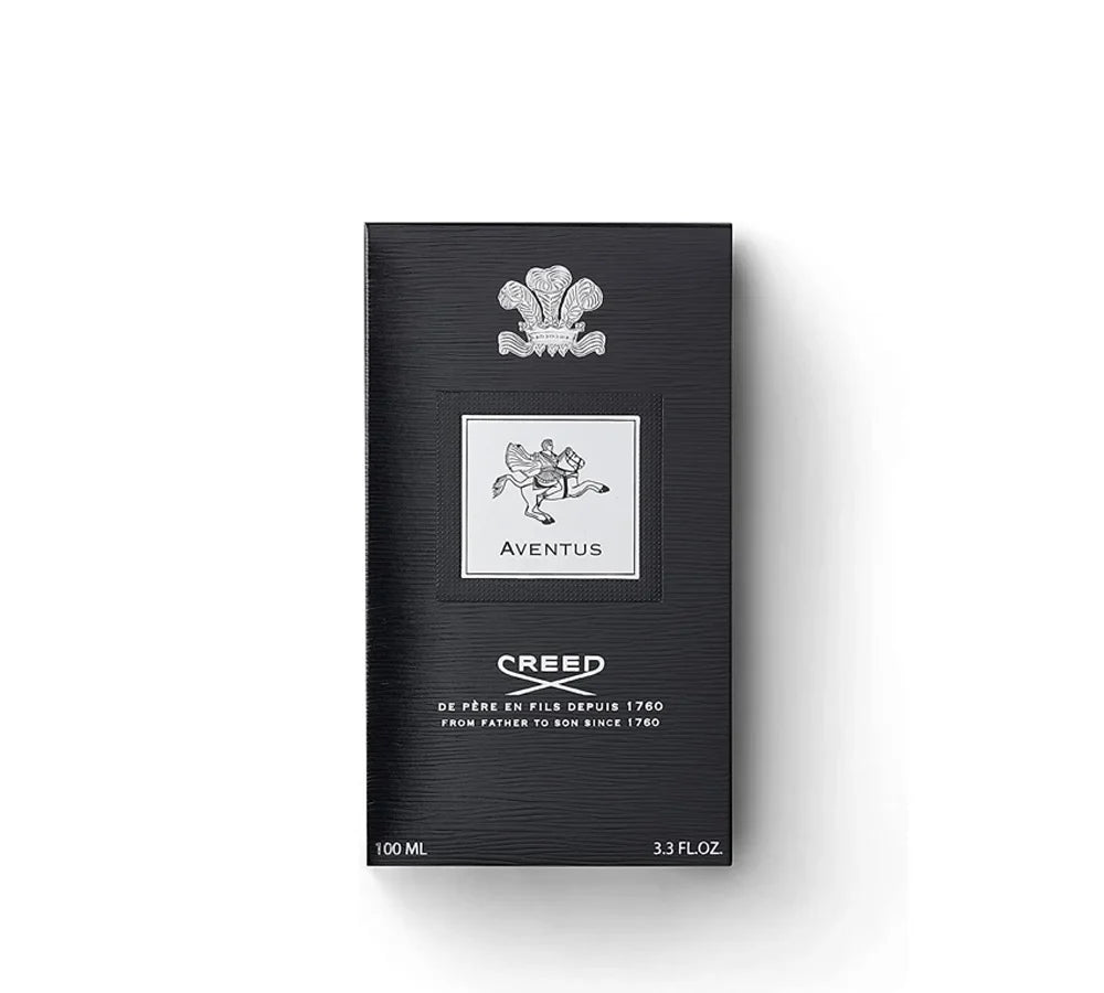 Creed Aventus Eau De Parfum in a bold, masculine 100ml bottle with a gradient black and silver design.