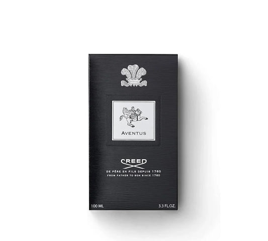 Creed Aventus Eau De Parfum in a bold, masculine 100ml bottle with a gradient black and silver design.