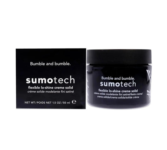 A compact, matte black container of Bumble & Bumble Sumotech, 50ml, with minimalist white text and a twist-off lid.