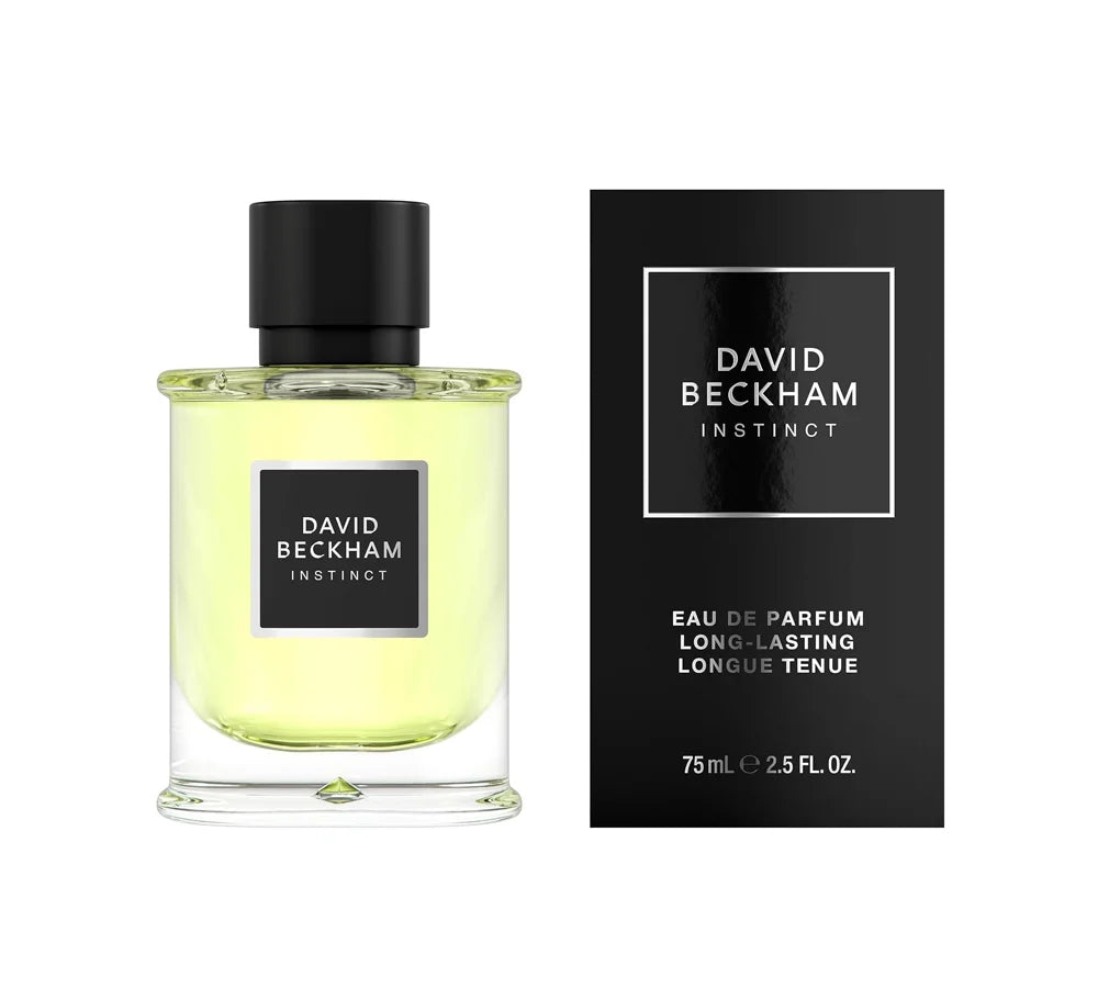 A tall, cylindrical glass bottle of David Beckham Instinct Eau de Parfum, 75ml, with a silver cap and a black label showcasing the product name in modern font.