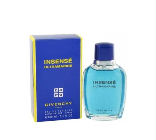 Givenchy Insense Ultramarine 100ml EDT Spray: Blue glass bottle of Givenchy Ultramarine with a metallic silver cap.