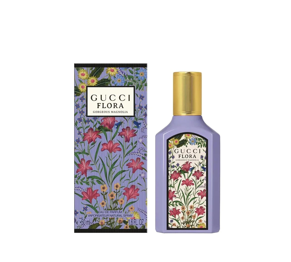 Gucci Flora Gorgeous Magnolia eau de parfum for women 50ml: Floral-themed Gucci Flora perfume bottle with a soft pink liquid and cap.