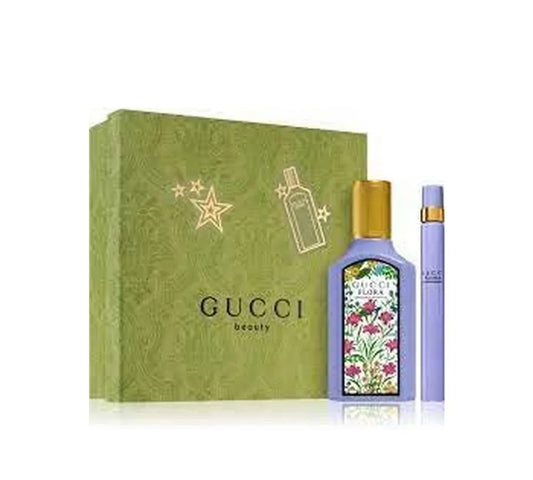 Gucci Ladies Flora Gorgeous Magnolia Gift Set Fragrances 2 Pc Gift Set 1.6oz EDP Spray, 0.33oz EDP Spray: Two-piece Gucci fragrance set with floral packaging and sleek bottles.