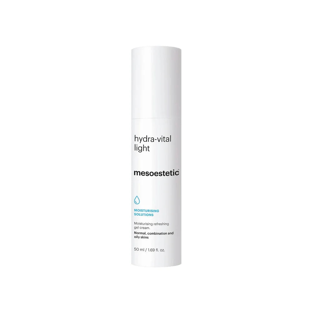 Mesoestetic Hydra-Vital Light moisturizing facial cream in sleek white tube packaging designed for lightweight hydration and daily skincare use
