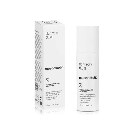 Mesoestetic Skinretin 0.3% anti-aging cream tube packaging for skin renewal and wrinkle reduction