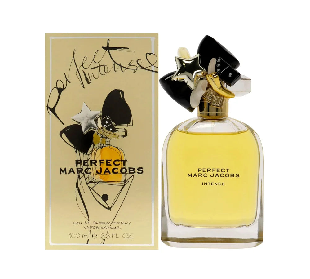 Marc Jacobs Perfect Intense Eau de Parfum 100ml: Marc Jacobs perfume bottle adorned with a whimsical, colorful cap design.