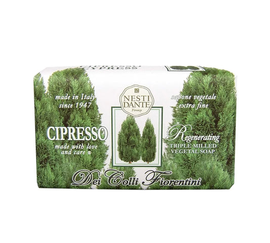 NESTI DANTE Dei Colli Fiorentini, Cypress Tree Soap 250 g: Large, artisanal soap bar wrapped in paper with Cypress Tree illustrations.