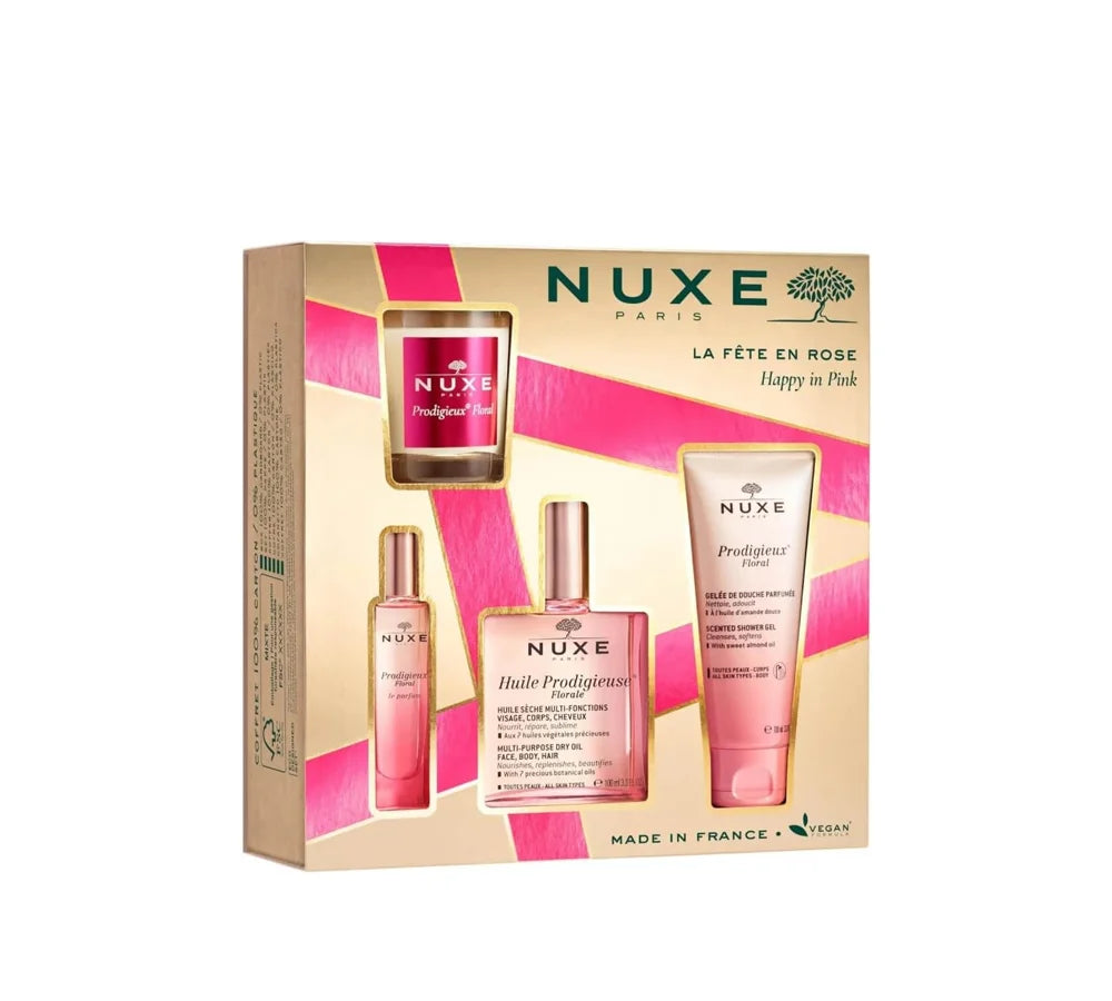 Nuxe Prodigieuse Happy In Pink Gift Set with fragrance and skincare items in vibrant packaging.