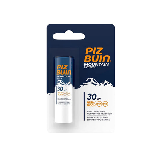 Piz Buin SPF30 Unisex Mountain Lipstick 4.9 g: Small Piz Buin SPF 30 lip balm tube in compact packaging.