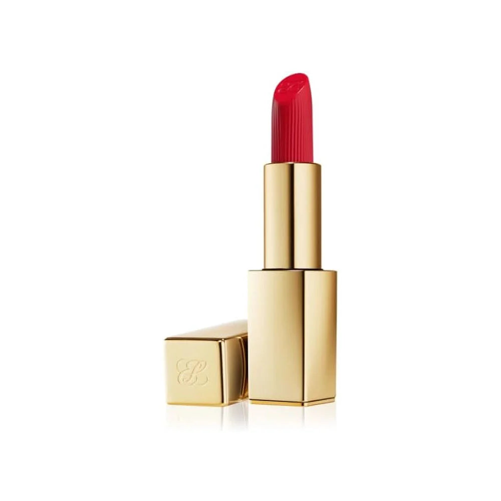 Estée Lauder Pure Color Crème Lipstick in shade 520 Carnal, elegant gold and navy packaging with creamy warm-toned lipstick bullet displayed