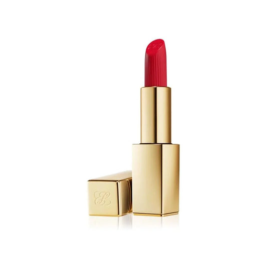 Estée Lauder Pure Color Crème Lipstick in shade 520 Carnal, elegant gold and navy packaging with creamy warm-toned lipstick bullet displayed