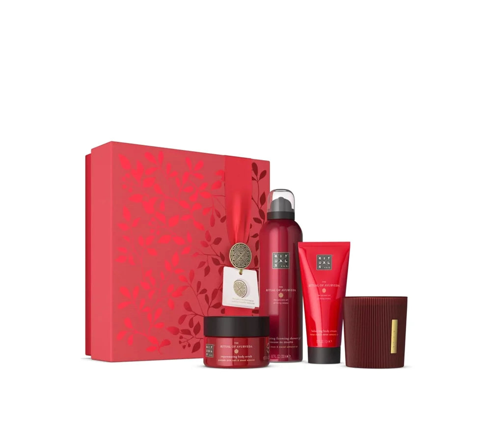 RITUALS The Ritual of Ayurveda Medium Gift Set with a rich red packaging, containing bath and body products based on ancient Ayurvedic traditions.
