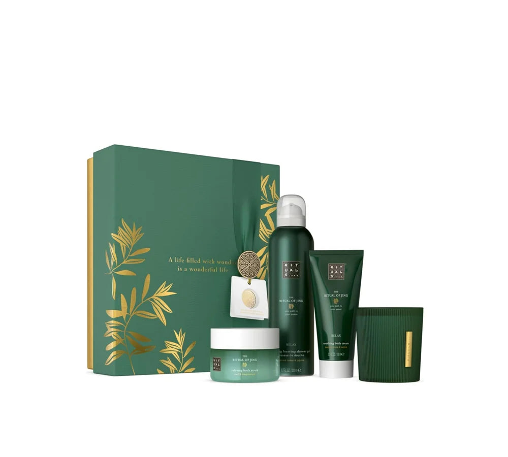 RITUALS The Ritual of Jing Medium Gift Set in a serene green box, offering calming and caring bath and body products for relaxation.