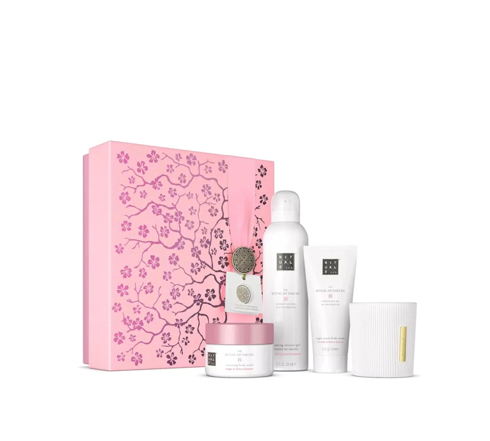 RITUALS The Ritual of Sakura Medium Gift Set featuring a pink floral-themed bath gift box with body care essentials inspired by cherry blossoms.