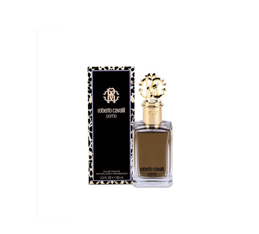 Roberto Cavalli Uomo Eau de Toilette for men 100ml in a bold, black luxury bottle.