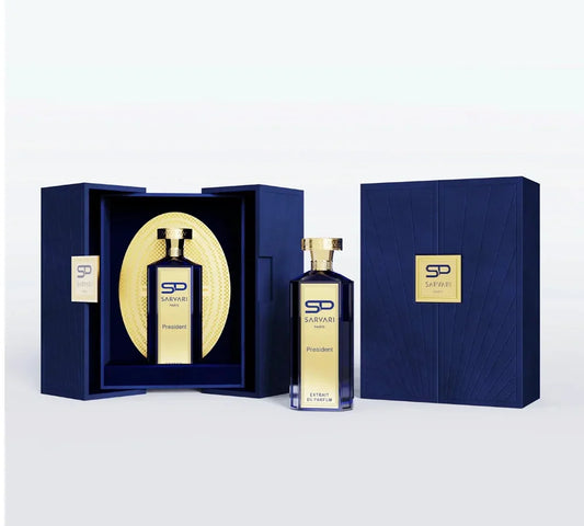 Elegant bottle of Sarvari Paris President Extrait de Parfum 100 ML, featuring a sophisticated design and luxurious fragrance presentation.