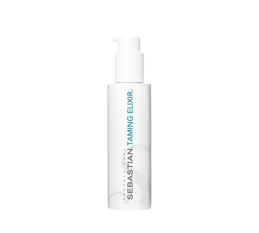 Sebastian Professional Taming Elixir Hair Serum 140 g: Sleek silver bottle of Sebastian Professional hair serum with a black cap.