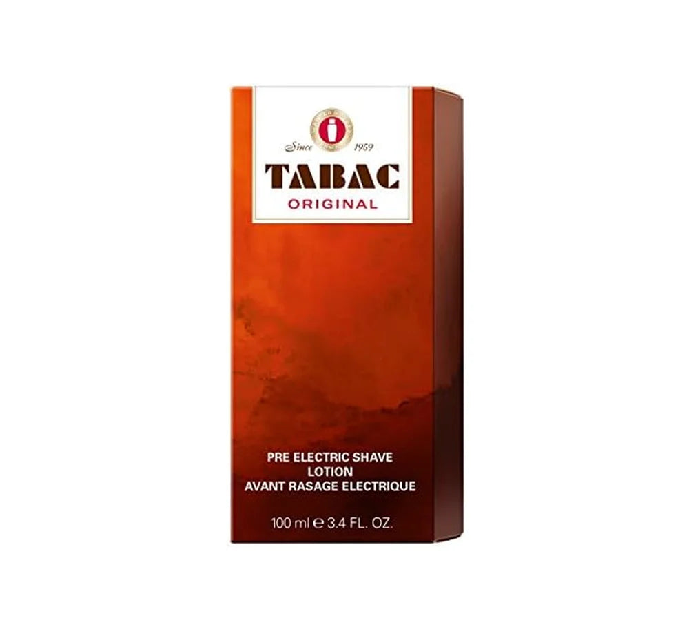 A sleek rectangular bottle of Tabac Pre Electric Shave Lotion, 100ml, featuring a white body with a black screw-top lid and bold lettering on the label.